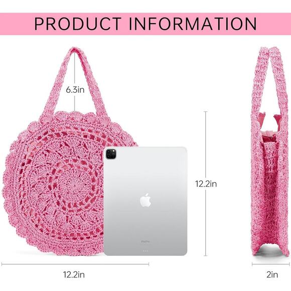 Pink Boho Handmade Woven Straw Bag Chic, Beach Tote, Lightweight & Trendy Spring - Picture 4 of 6